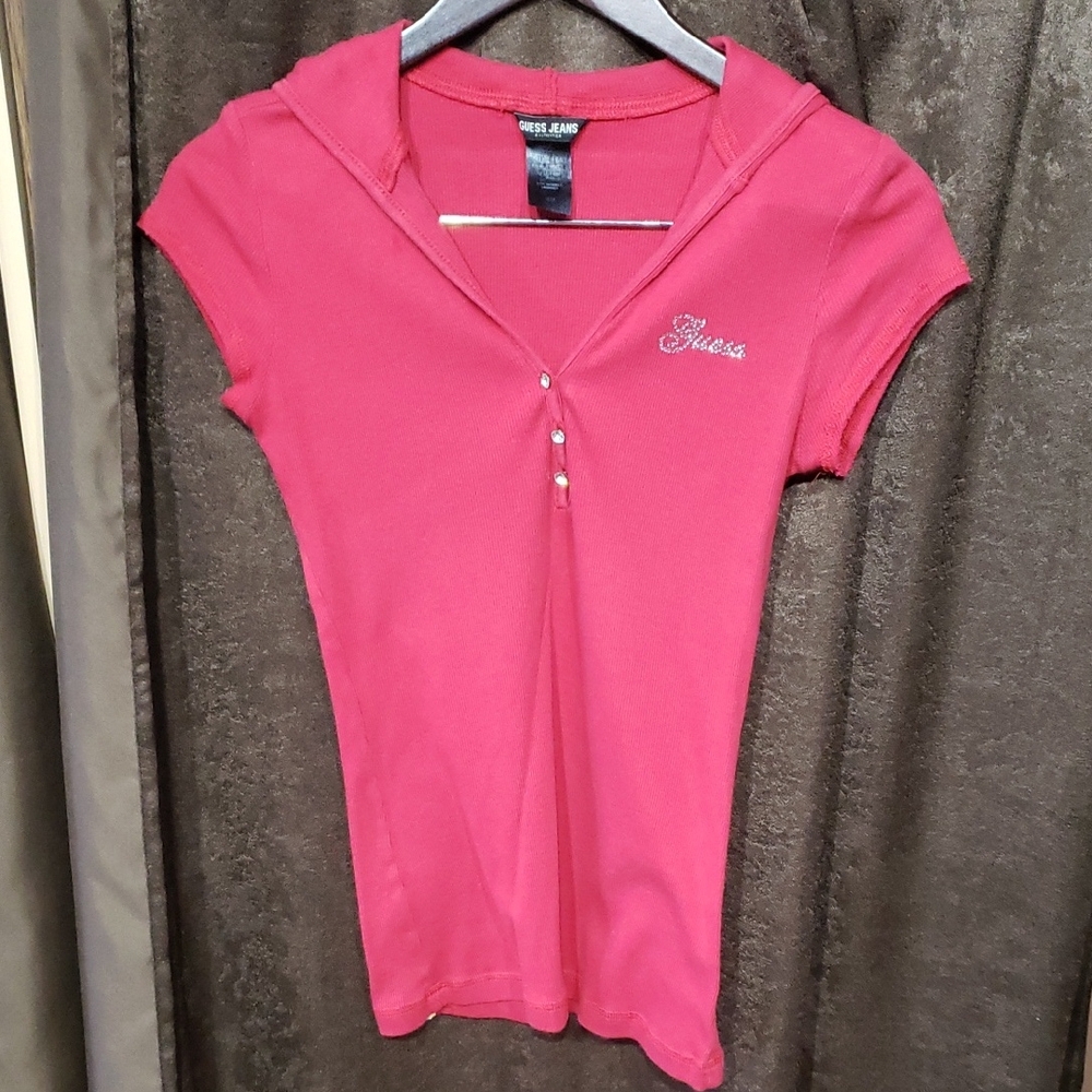 Guess Fuchsia Short Sleeve Top Hoodie Sleeveless 100% Cotton